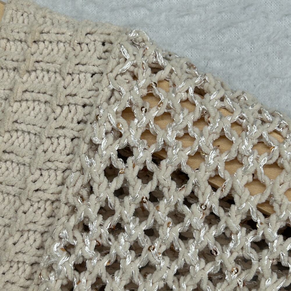 JOIE Sweater M Chenille Metallic Sequin Mesh Stitch Vest Pullover Beige Silver - Picture 4 of 10